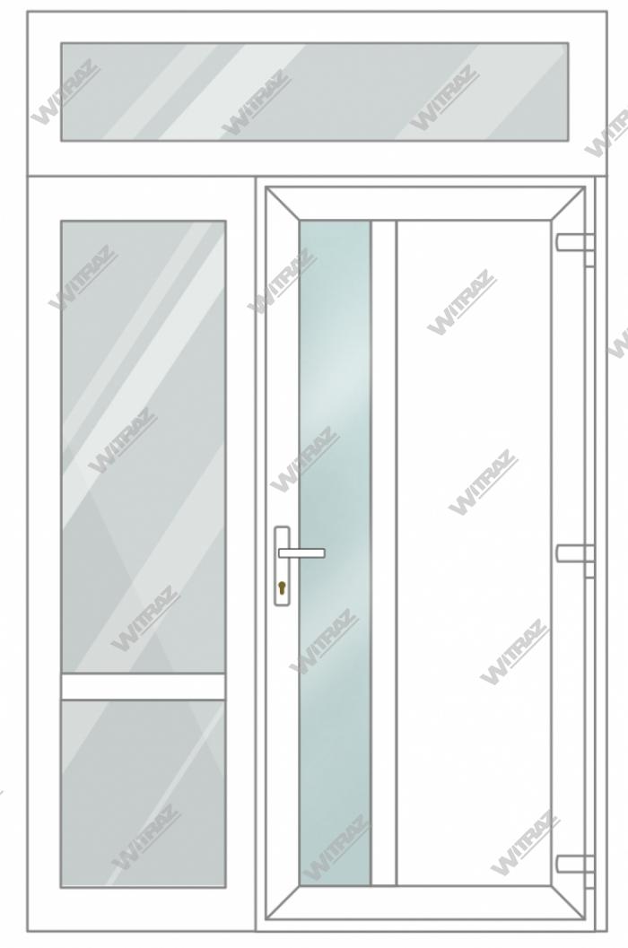  Ieejas PVC durvis ar 1 sānu un 1 augšējo logiem - Durvis (matēts stikls + PVC) + Sānis (stikls + stikls) + Augšēja vitrīna (stikls)