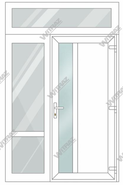   Ieejas PVC durvis ar 1 sānu un 1 augšējo logiem - Durvis (matēts stikls + PVC) + Sānis (stikls + stikls) + Augšēja vitrīna (stikls)