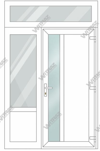   Ieejas PVC durvis ar 1 sānu un 1 augšējo logiem - Durvis (matēts stikls + PVC) + Sānis (stikls + PVC) + Augšēja vitrīna (stikls)